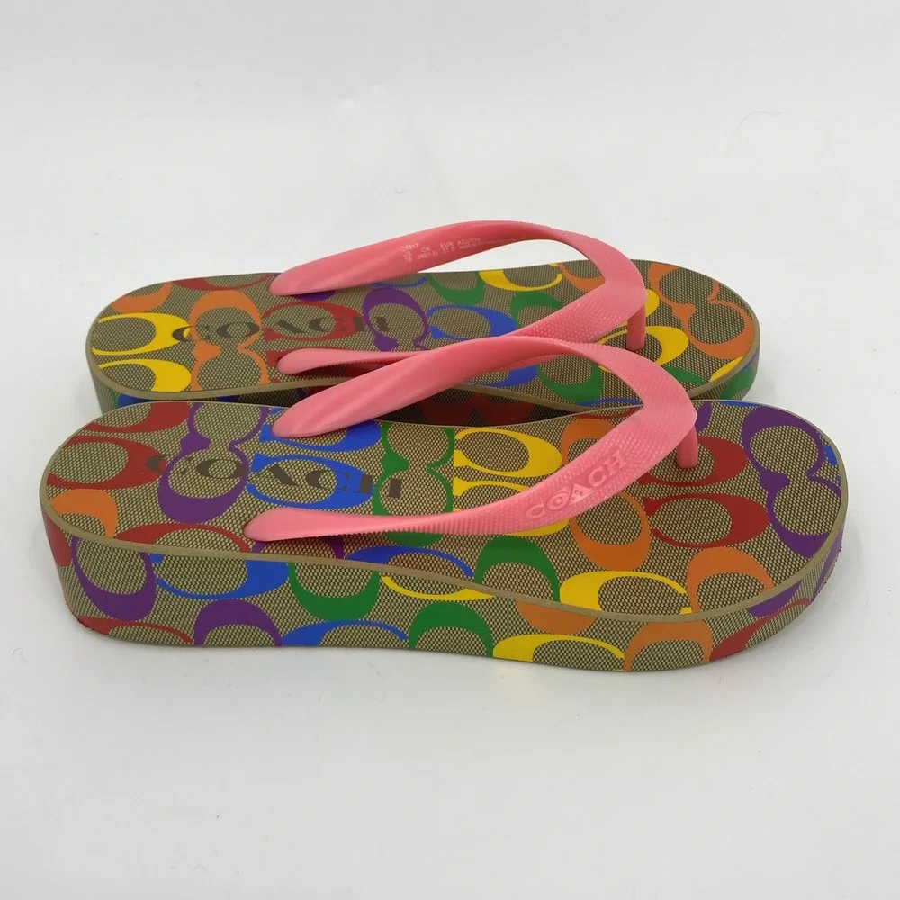 Coach Rainbow Logo Platform Flip Flops Sandals Pink Straps Women's Size 7 Spring
